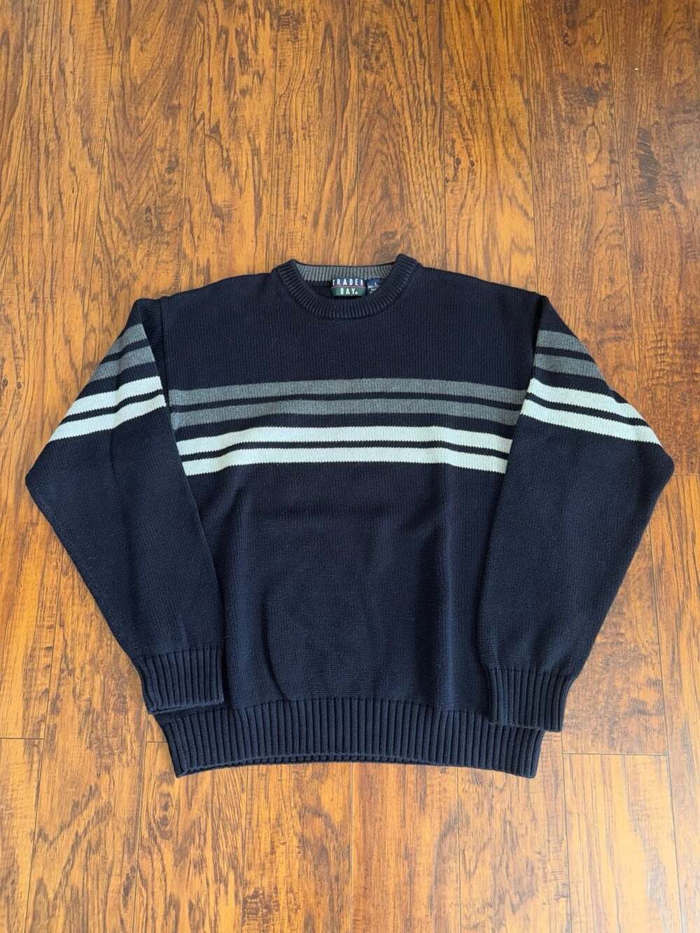 Trader Bay 100% Cotton Navy Blue Striped Crew Neck Sweater